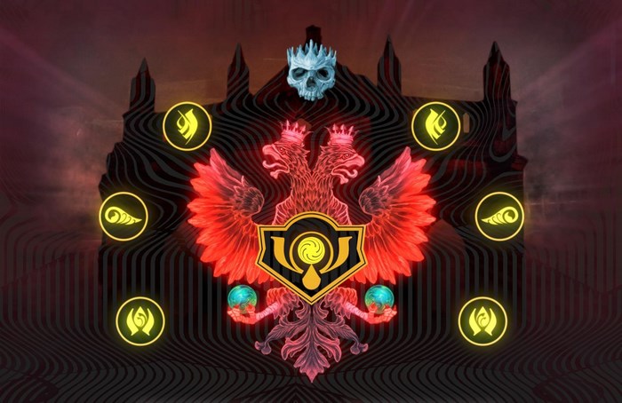 Double-headed eagle crest with skull and orbs