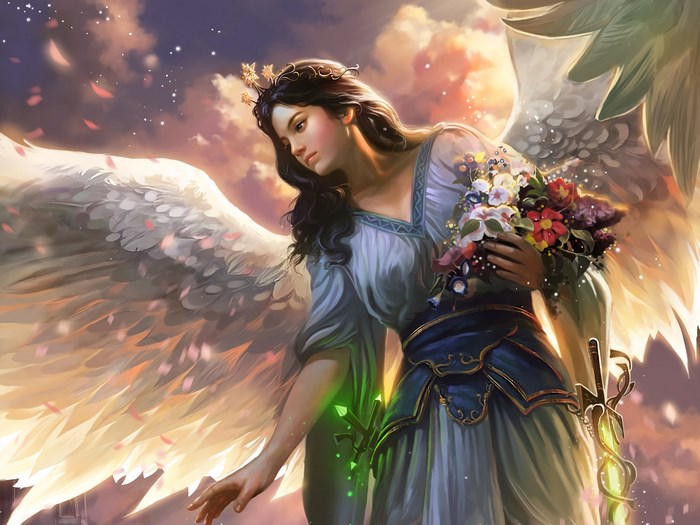 Angel with flowers and sword
