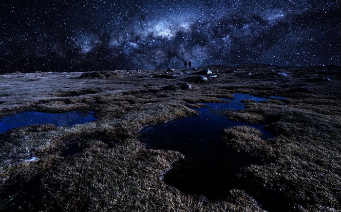 Two people stand on a grassy plain under the Milky Way
