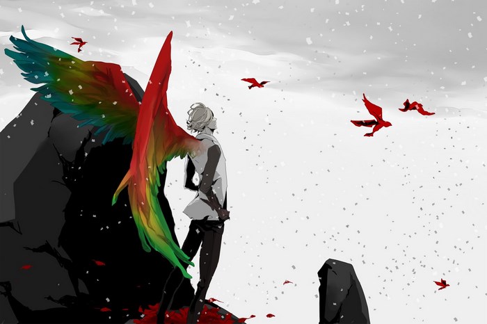 Anime character with rainbow wings and red birds