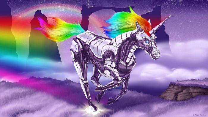 Mechanical unicorn with rainbow mane and tail