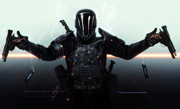 Bounty hunter in futuristic armor with guns
