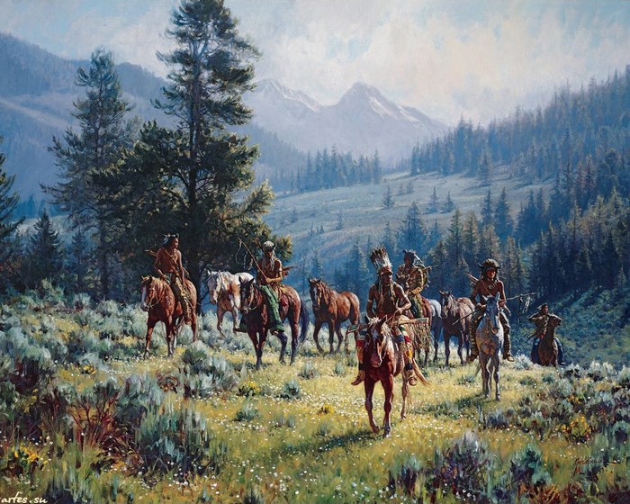 Native American Horse Riders in Mountain Landscape