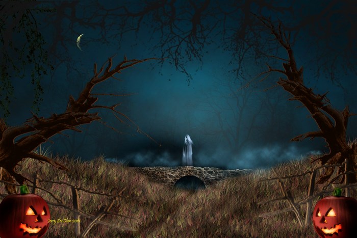 Halloween night with ghost on bridge and pumpkins