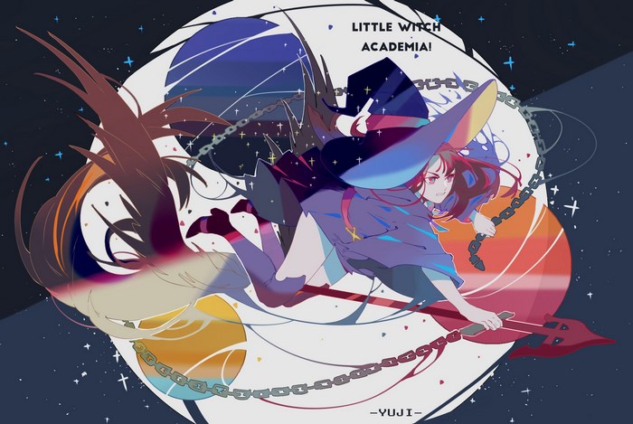 Akko Kagari from Little Witch Academia flying on a broomstick