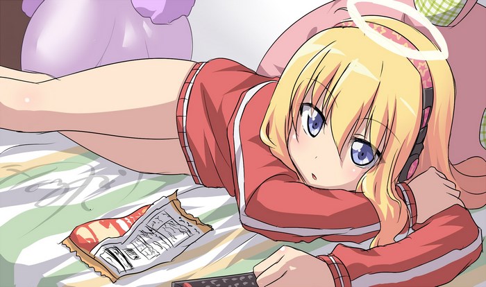 Gabriel Dropout anime girl with snacks and remote