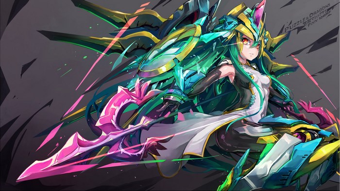 Girl with green hair and armor from Puzzle & Dragons