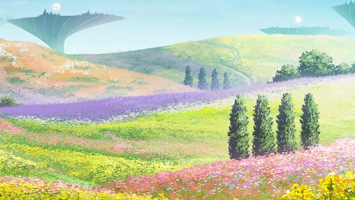 Sword Art Online landscape with futuristic structures