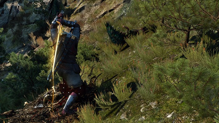 Geralt of Rivia fighting a Griffin in The Witcher 3