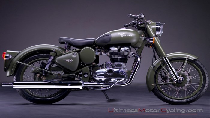 Classic Olive Green Royal Enfield Motorcycle Side View