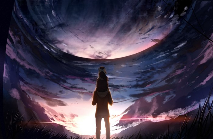 Person carrying a child looking at a swirling sky
