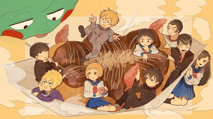 Mob Psycho 100 characters on a giant food item