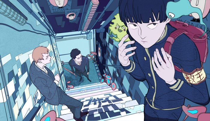 Mob Psycho 100 characters in a stairwell