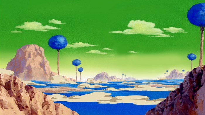 Dragon Ball Z Landscape with Blue Trees and Mountains