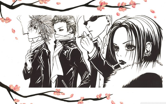 Nana characters smoking with cherry blossoms