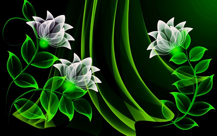 Abstract glowing flowers and leaves on dark background