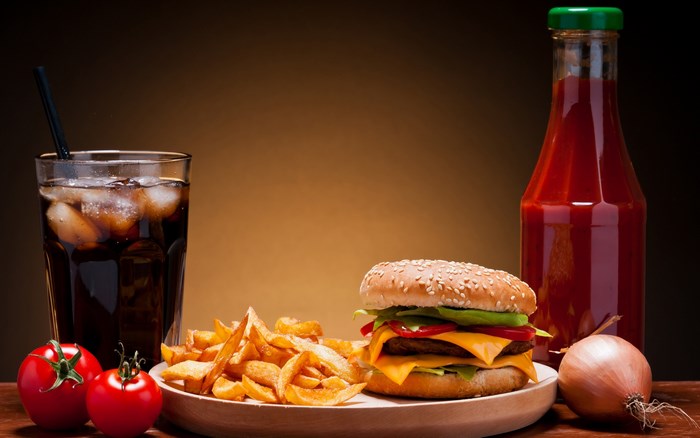Burger, Fries, Soda, Ketchup, Tomatoes, and Onion