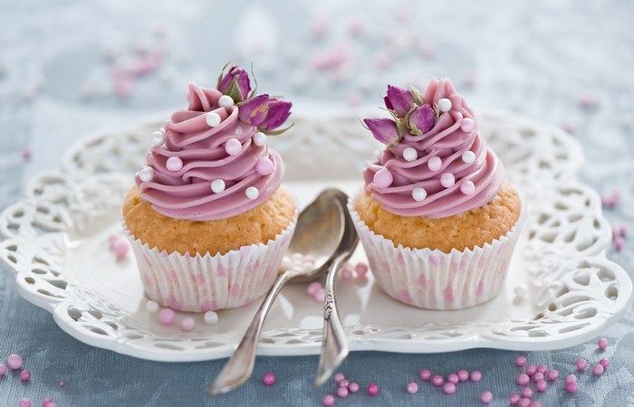 Two cupcakes with pink frosting and roses