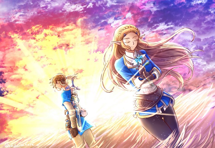 Link and Zelda from The Legend of Zelda: Breath of the Wild in a field