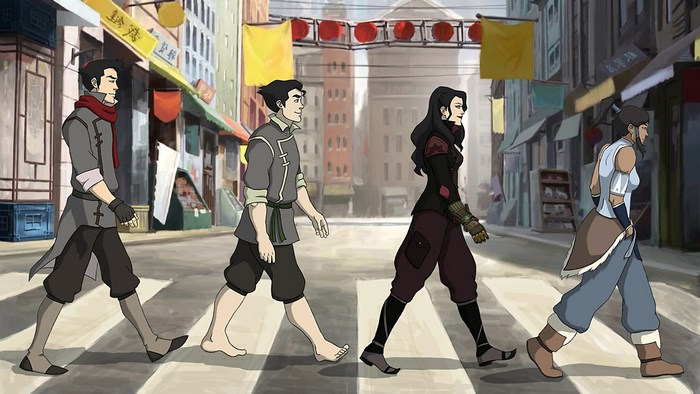 The Legend of Korra characters crossing Abbey Road