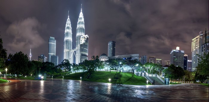 Petronas Towers and Kuala Lumpur skyline at night