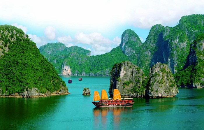Scenic View of Halong Bay with Traditional Boat