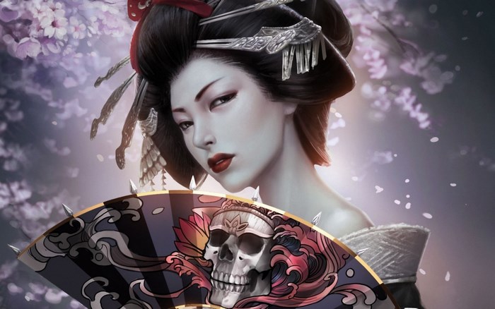 Geisha with skull fan and cherry blossoms