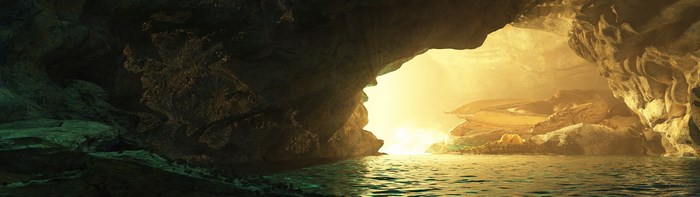 Fantasy cave with water and golden light