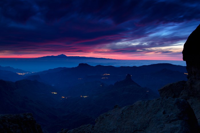 Mountain landscape at dusk with colorful sky