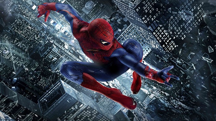 The Amazing Spider-Man swinging through a city