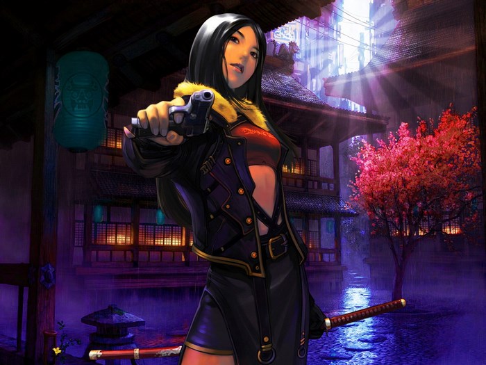 Girl with gun and sword in cyberpunk city