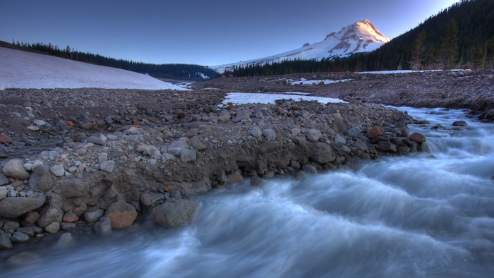 Mount Hood with a River and Snow