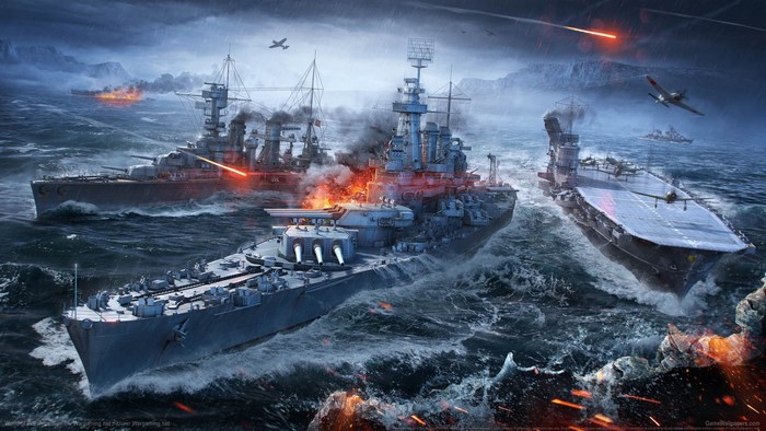World of Warships battle with aircraft carrier and battleships