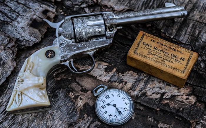 Engraved Colt Revolver with Vintage Pocket Watch