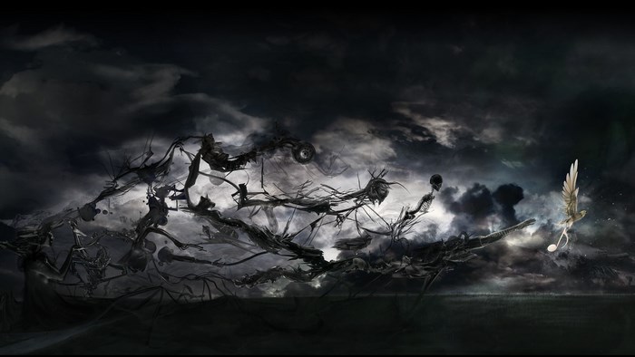Surreal Dark Figures Chasing Glowing Winged Object