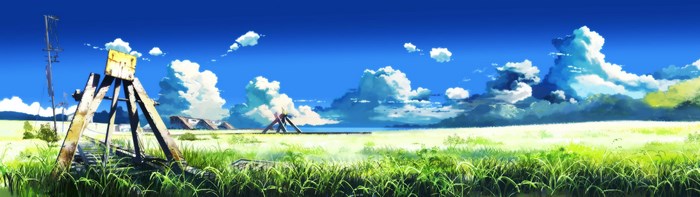 Anime landscape with railroad tracks and clouds
