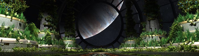 Sci-fi space station garden with planet view
