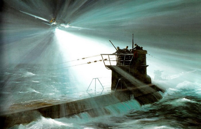 Submarine under aerial attack in stormy seas