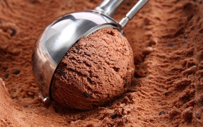 Chocolate ice cream scoop in a container