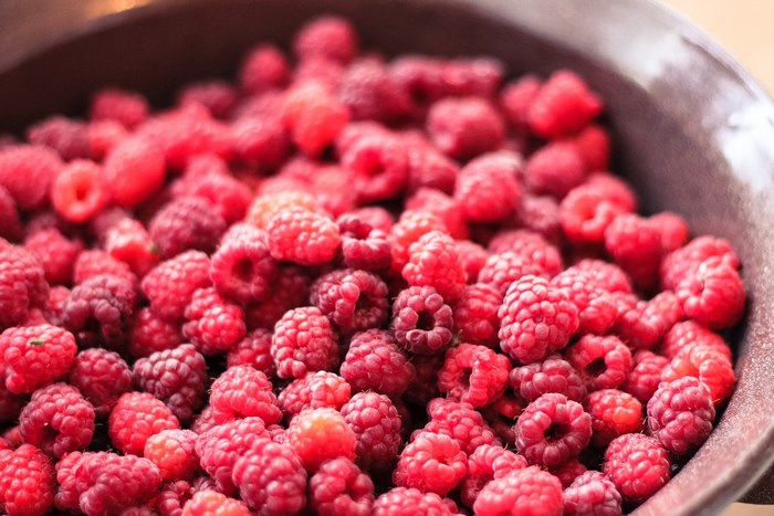 Close-up of fresh raspberries in a bowl