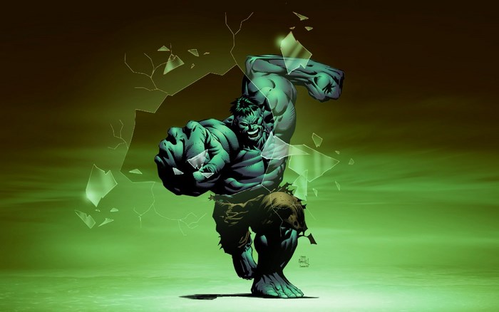 Hulk breaking through glass