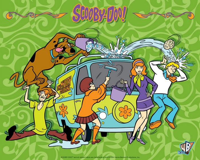 Scooby-Doo and the Mystery Machine gang washing the van