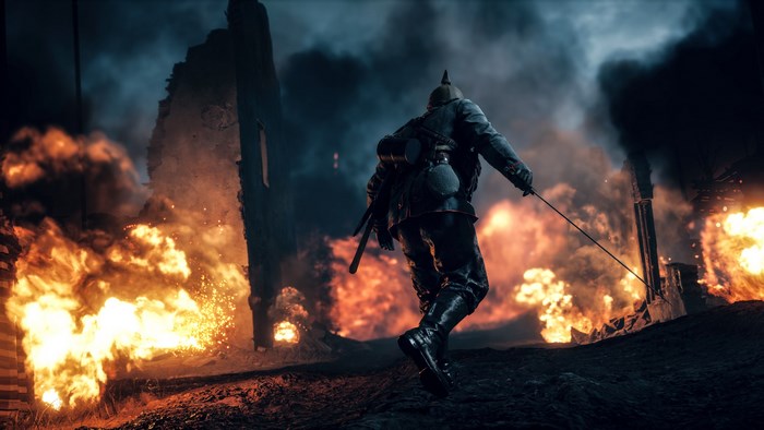 Soldier in burning ruins