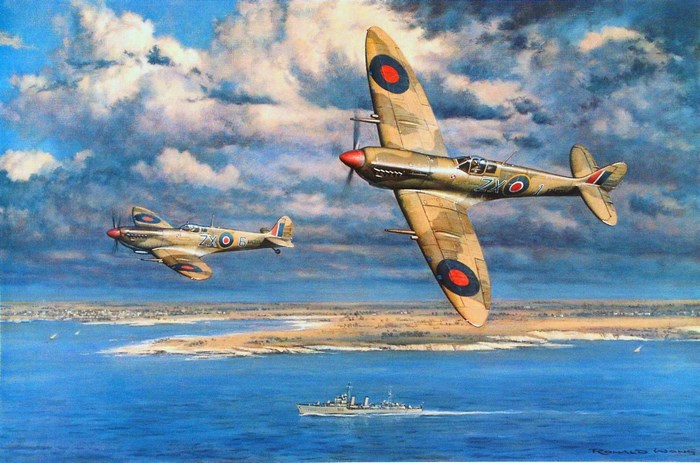 Supermarine Spitfires flying over a naval ship and coastline