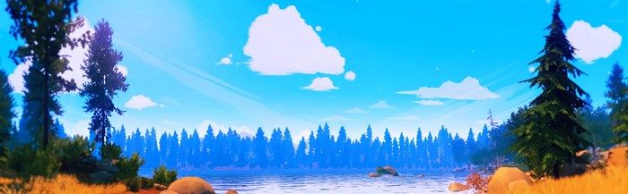Firewatch game art with lake and forest