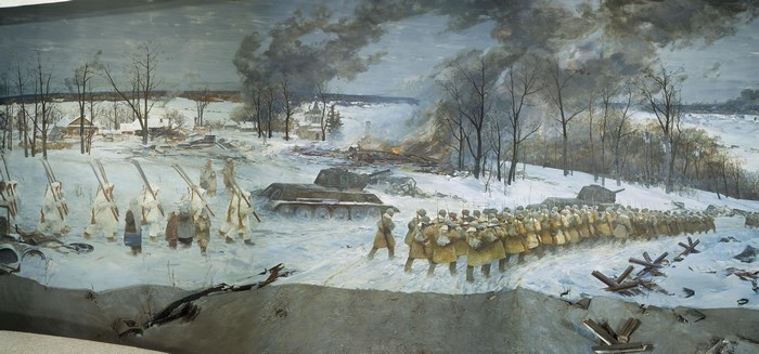 Winter Battle Scene with Tanks and Soldiers