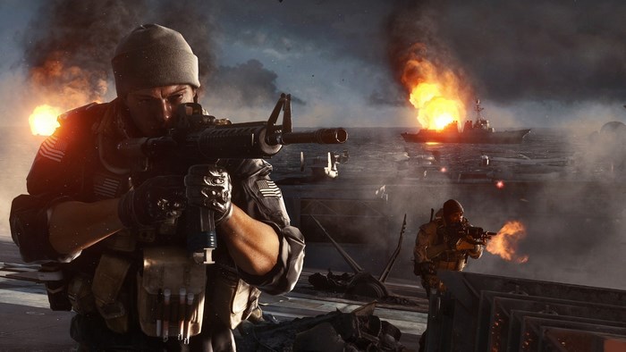 Soldiers in combat on a ship in Battlefield 4