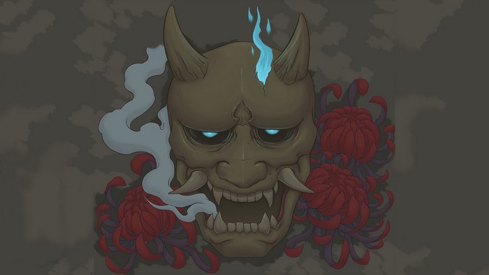 Demon mask with blue flames and red chrysanthemums