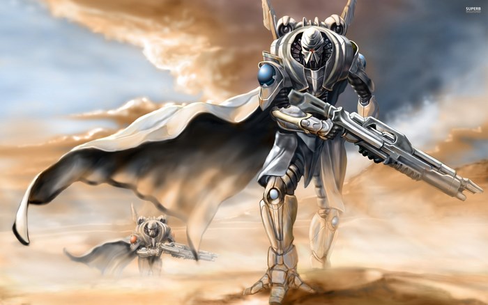 Two robots with capes and guns in a desert