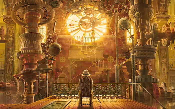 Steampunk interior with gears and a man in a hat
